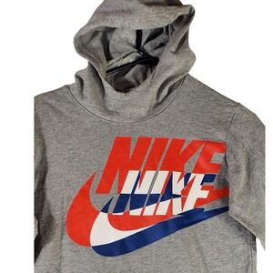 Nike Boys XL Gray Hoodie Pullover Sweatshirt Triple Logo Red White Blue Graphic